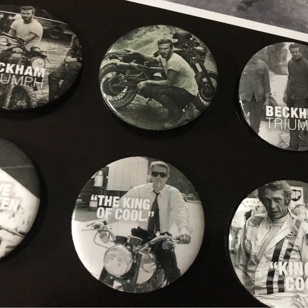 Lot of 10 pins triumph motorcycle David Beckham and Steve McQueen exclusive